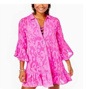 Lilly Pulitzer Linley Coverup Dress Plumeria Hot Pink Crepe Swirl Clip sz Small
